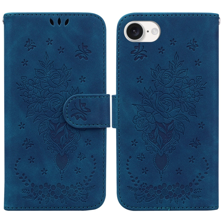 For iPhone 16e Butterfly Rose Embossed Leather Phone Case(Blue) by bashfashion