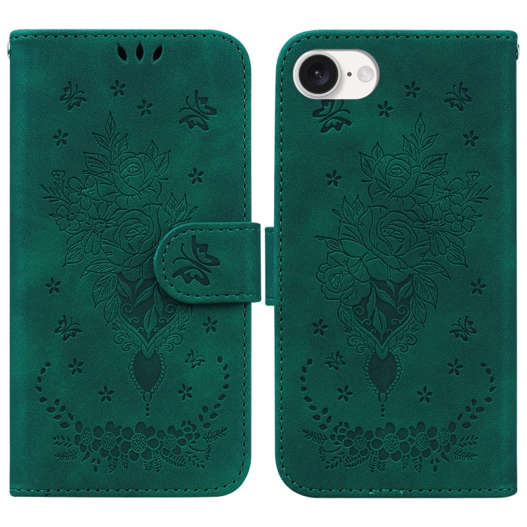 For iPhone 16e Butterfly Rose Embossed Leather Phone Case(Green) by bashfashion