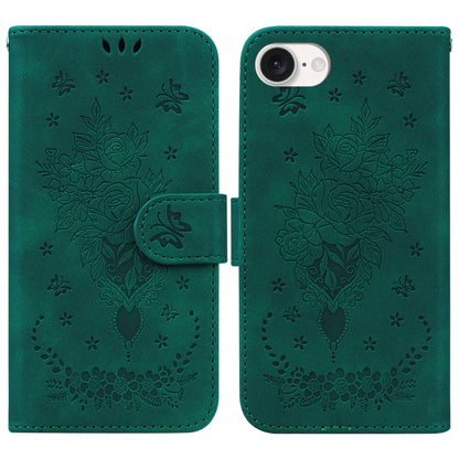 For iPhone 16e Butterfly Rose Embossed Leather Phone Case(Green) by bashfashion