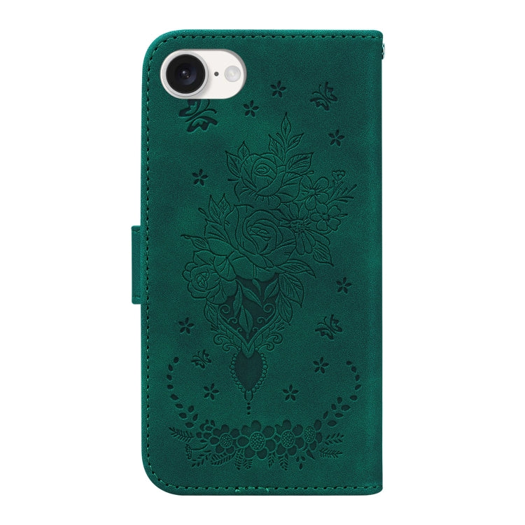 For iPhone 16e Butterfly Rose Embossed Leather Phone Case(Green) by bashfashion