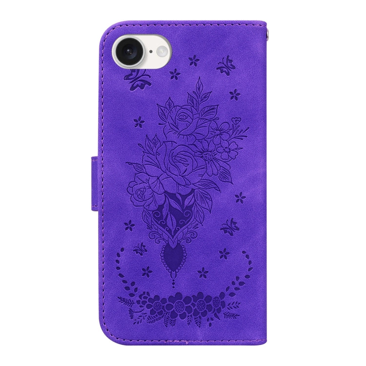 For iPhone 16e Butterfly Rose Embossed Leather Phone Case(Purple) by bashfashion