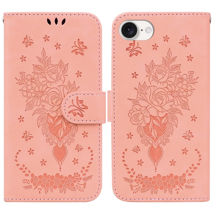 For iPhone 16e Butterfly Rose Embossed Leather Phone Case(Pink) by bashfashion