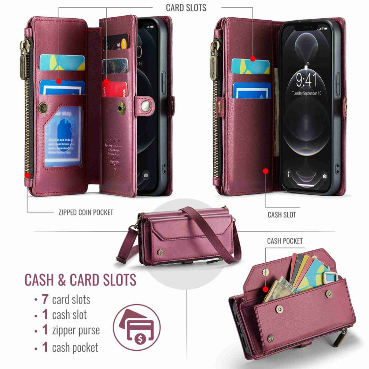 For iPhone 12 Pro Max CaseMe C36 Card Slots Zipper Wallet RFID Anti-theft Leather Phone Case(Wine Red) by CaseMe