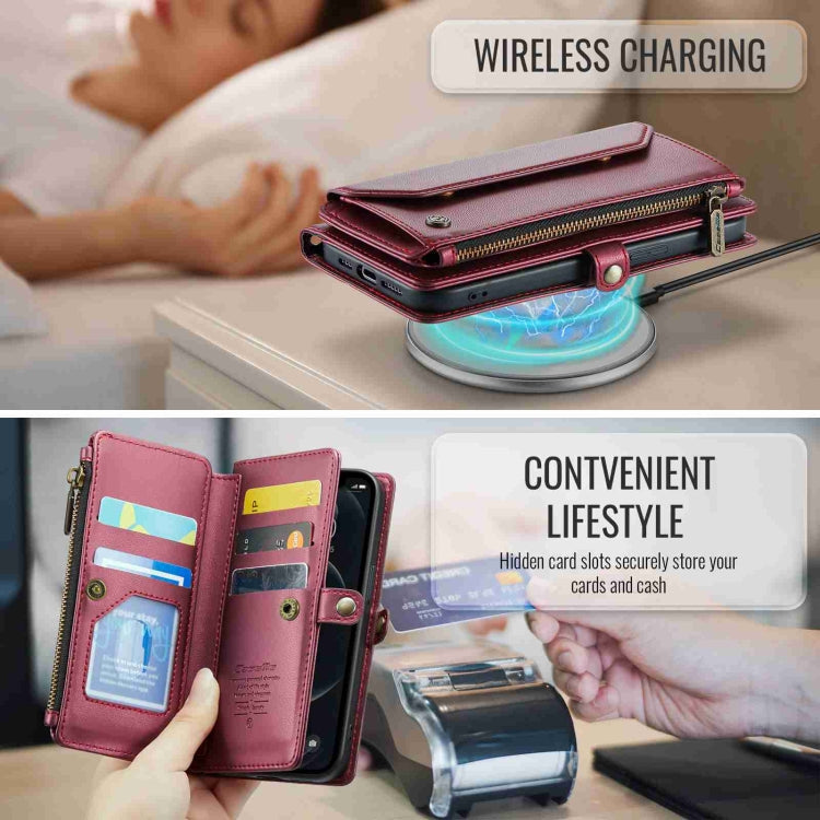 For iPhone 12 Pro Max CaseMe C36 Card Slots Zipper Wallet RFID Anti-theft Leather Phone Case(Wine Red) by CaseMe