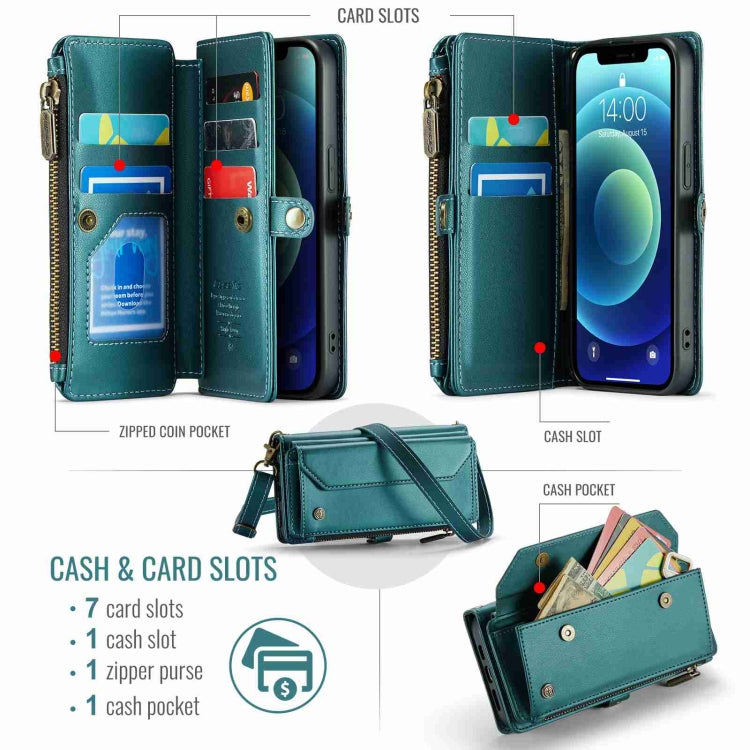 For iPhone 12 CaseMe C36 Card Slots Zipper Wallet RFID Anti-theft Leather Phone Case(Blue-green) by CaseMe