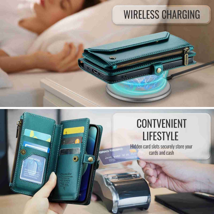 For iPhone 12 CaseMe C36 Card Slots Zipper Wallet RFID Anti-theft Leather Phone Case(Blue-green) by CaseMe