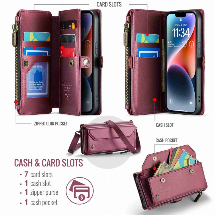 For iPhone 14 CaseMe C36 Card Slots Zipper Wallet RFID Anti-theft Leather Phone Case(Wine Red) by CaseMe