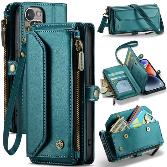 For iPhone 14 Plus CaseMe C36 Card Slots Zipper Wallet RFID Anti-theft Leather Phone Case(Blue-green) by CaseMe