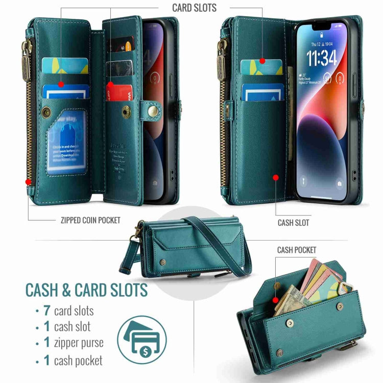 For iPhone 14 Plus CaseMe C36 Card Slots Zipper Wallet RFID Anti-theft Leather Phone Case(Blue-green) by CaseMe