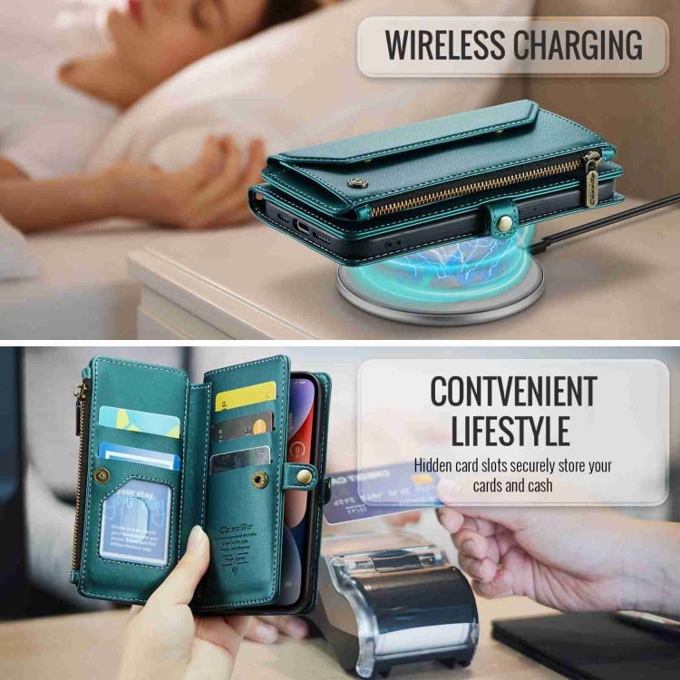 For iPhone 14 Plus CaseMe C36 Card Slots Zipper Wallet RFID Anti-theft Leather Phone Case(Blue-green) by CaseMe