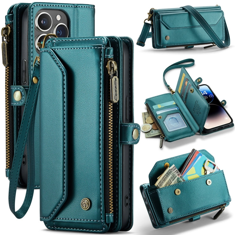 For iPhone 14 Pro CaseMe C36 Card Slots Zipper Wallet RFID Anti-theft Leather Phone Case(Blue-green) by CaseMe