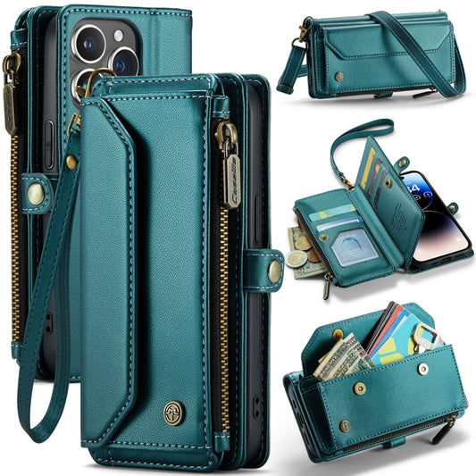For iPhone 14 Pro CaseMe C36 Card Slots Zipper Wallet RFID Anti-theft Leather Phone Case(Blue-green) by CaseMe