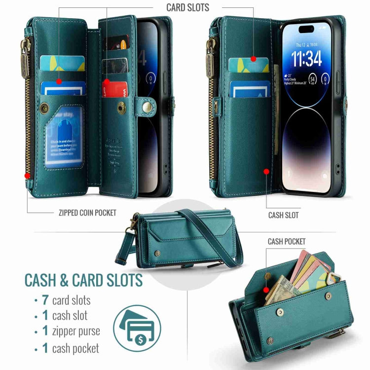 For iPhone 14 Pro CaseMe C36 Card Slots Zipper Wallet RFID Anti-theft Leather Phone Case(Blue-green) by CaseMe