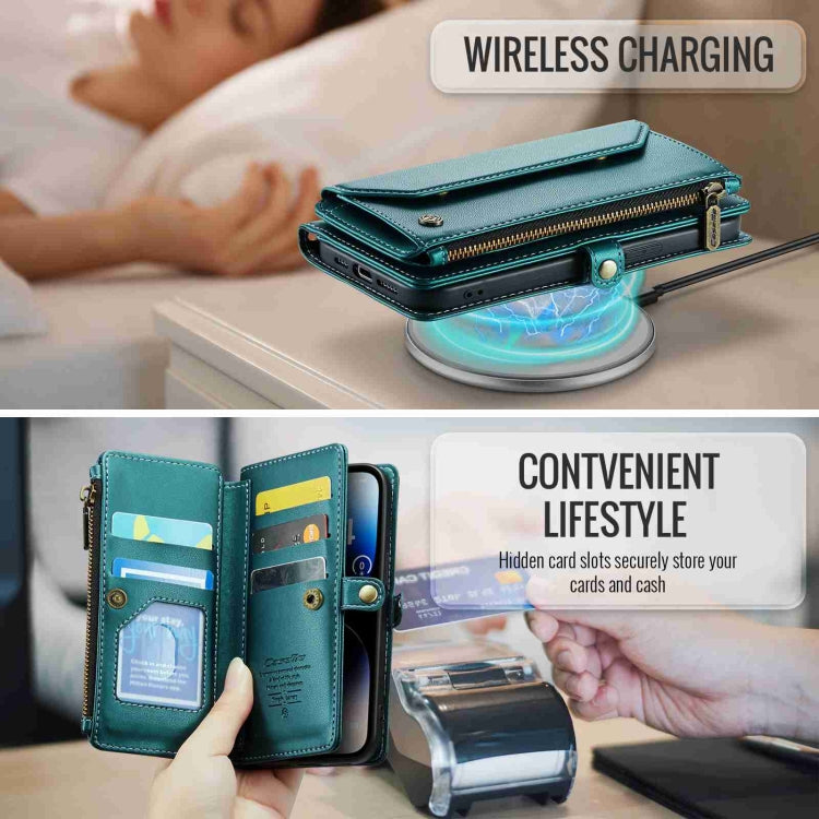For iPhone 14 Pro CaseMe C36 Card Slots Zipper Wallet RFID Anti-theft Leather Phone Case(Blue-green) by CaseMe
