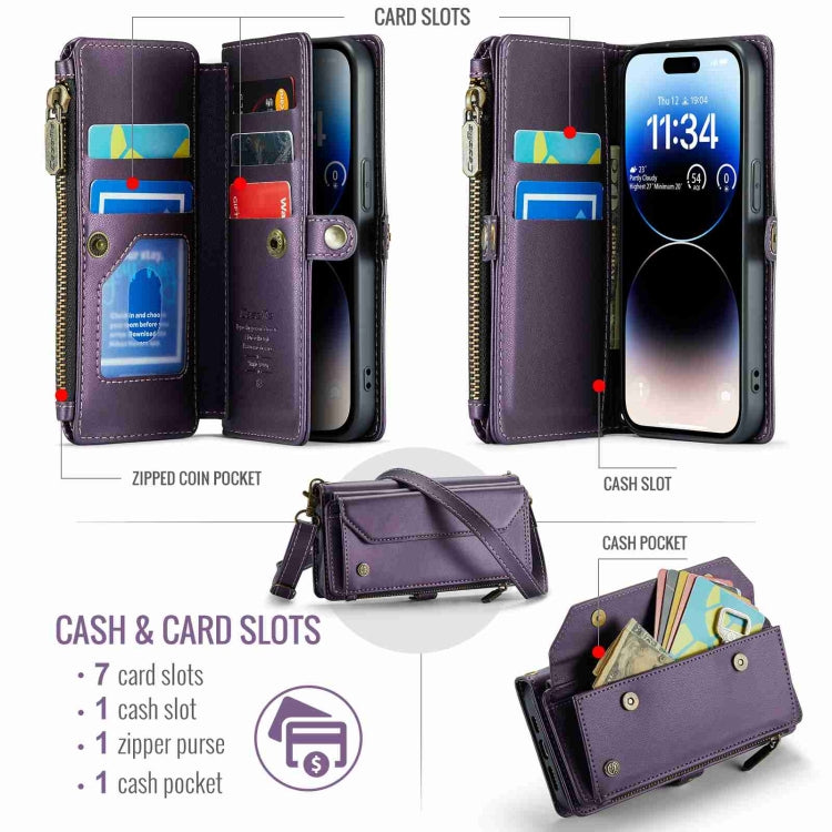 For iPhone 14 Pro Max CaseMe C36 Card Slots Zipper Wallet RFID Anti-theft Leather Phone Case(Purple) by CaseMe