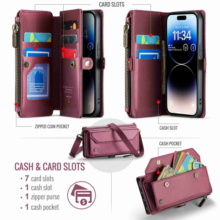 For iPhone 14 Pro Max CaseMe C36 Card Slots Zipper Wallet RFID Anti-theft Leather Phone Case(Wine Red) by CaseMe