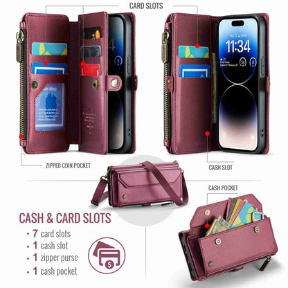 For iPhone 14 Pro Max CaseMe C36 Card Slots Zipper Wallet RFID Anti-theft Leather Phone Case(Wine Red) by CaseMe