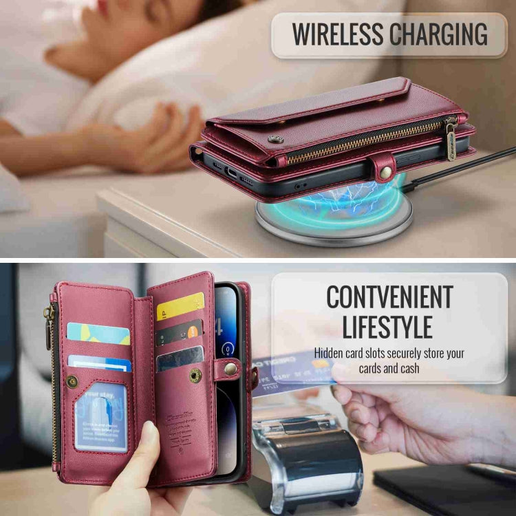 For iPhone 14 Pro Max CaseMe C36 Card Slots Zipper Wallet RFID Anti-theft Leather Phone Case(Wine Red) by CaseMe