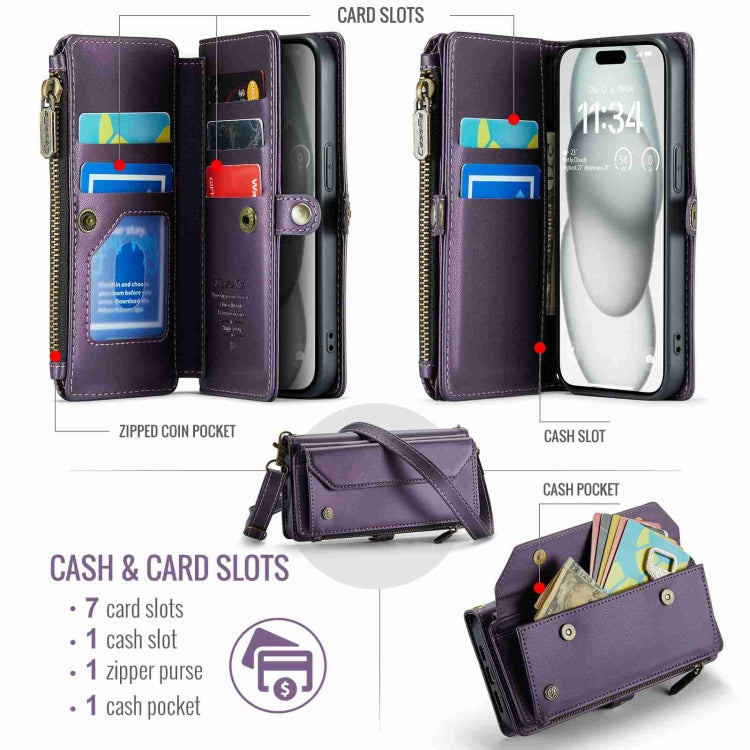 For iPhone 15 CaseMe C36 Card Slots Zipper Wallet RFID Anti-theft Leather Phone Case(Purple) by CaseMe
