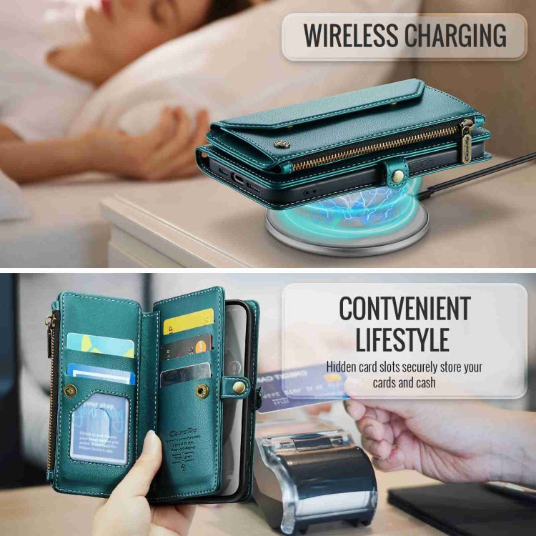 For iPhone 15 CaseMe C36 Card Slots Zipper Wallet RFID Anti-theft Leather Phone Case(Blue-green) by CaseMe