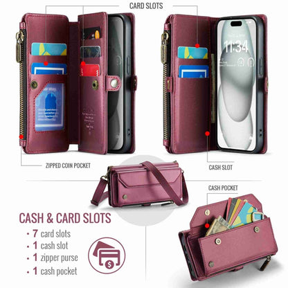 For iPhone 15 CaseMe C36 Card Slots Zipper Wallet RFID Anti-theft Leather Phone Case(Wine Red) by CaseMe
