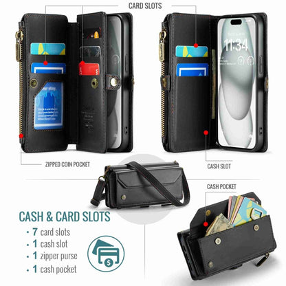 For iPhone 15 Plus CaseMe C36 Card Slots Zipper Wallet RFID Anti-theft Leather Phone Case(Black) by CaseMe