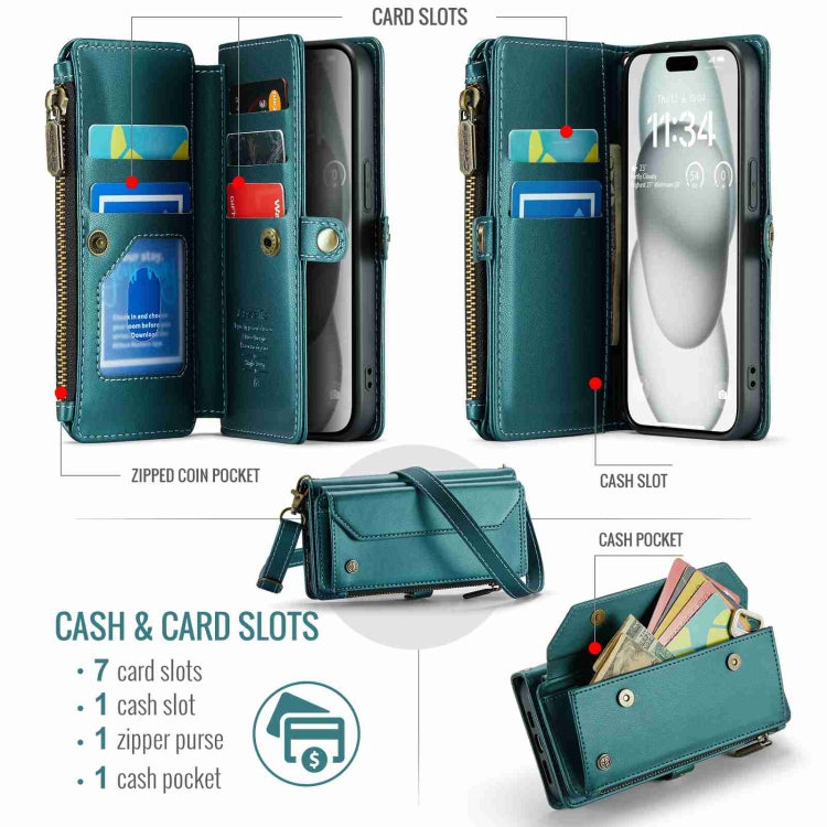 For iPhone 15 Plus CaseMe C36 Card Slots Zipper Wallet RFID Anti-theft Leather Phone Case(Blue-green) by CaseMe