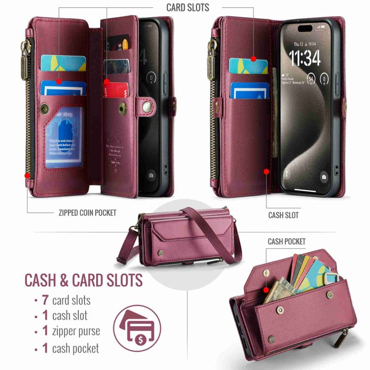 For iPhone 15 Pro CaseMe C36 Card Slots Zipper Wallet RFID Anti-theft Leather Phone Case(Wine Red) by CaseMe