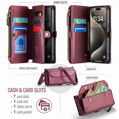 For iPhone 15 Pro CaseMe C36 Card Slots Zipper Wallet RFID Anti-theft Leather Phone Case(Wine Red) by CaseMe