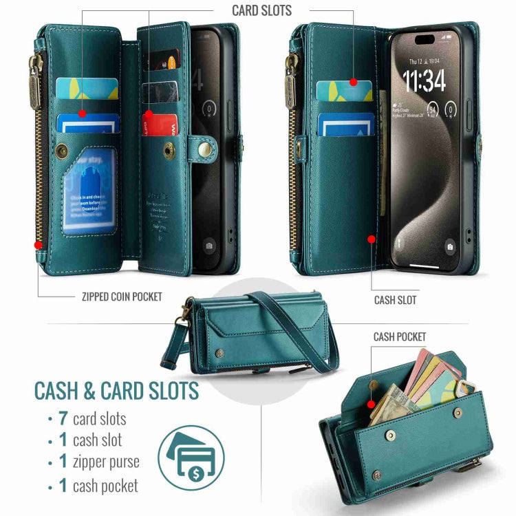 For iPhone 15 Pro Max CaseMe C36 Card Slots Zipper Wallet RFID Anti-theft Leather Phone Case(Blue-green) by CaseMe