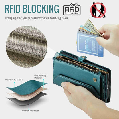 For Samsung Galaxy S21+ 5G CaseMe C36 Card Slots Zipper Wallet RFID Anti-theft Leather Phone Case(Blue-green) by CaseMe