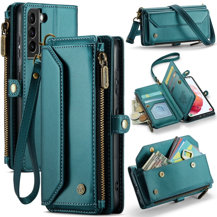 For Samsung Galaxy S21 5G CaseMe C36 Card Slots Zipper Wallet RFID Anti-theft Leather Phone Case(Blue-green) by CaseMe