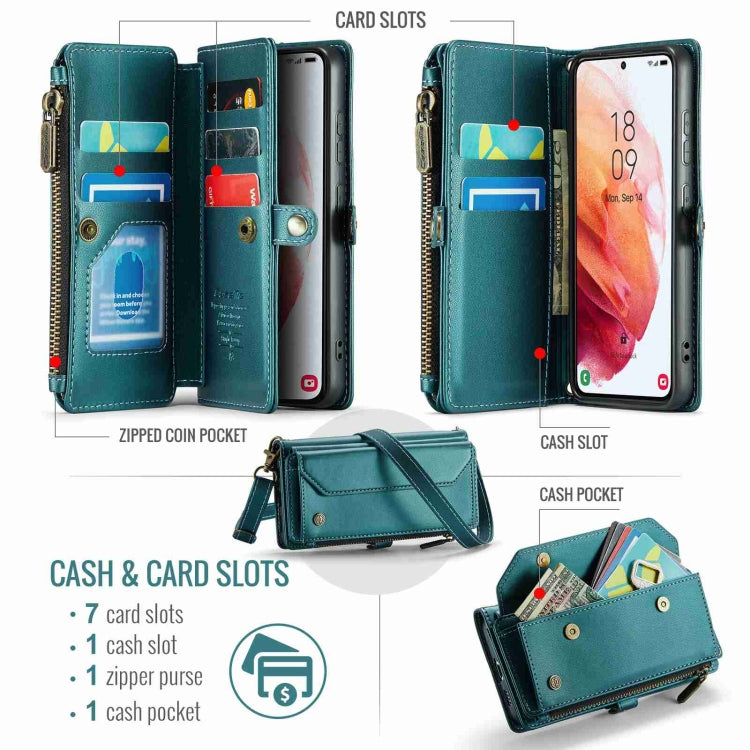 For Samsung Galaxy S21 5G CaseMe C36 Card Slots Zipper Wallet RFID Anti-theft Leather Phone Case(Blue-green) by CaseMe