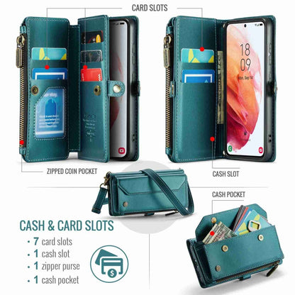 For Samsung Galaxy S21 5G CaseMe C36 Card Slots Zipper Wallet RFID Anti-theft Leather Phone Case(Blue-green) by CaseMe