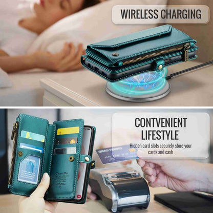 For Samsung Galaxy S21 5G CaseMe C36 Card Slots Zipper Wallet RFID Anti-theft Leather Phone Case(Blue-green) by CaseMe