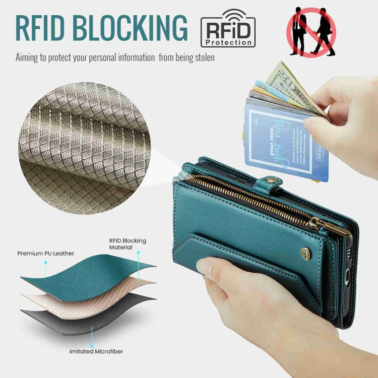 For Samsung Galaxy S21 5G CaseMe C36 Card Slots Zipper Wallet RFID Anti-theft Leather Phone Case(Blue-green) by CaseMe