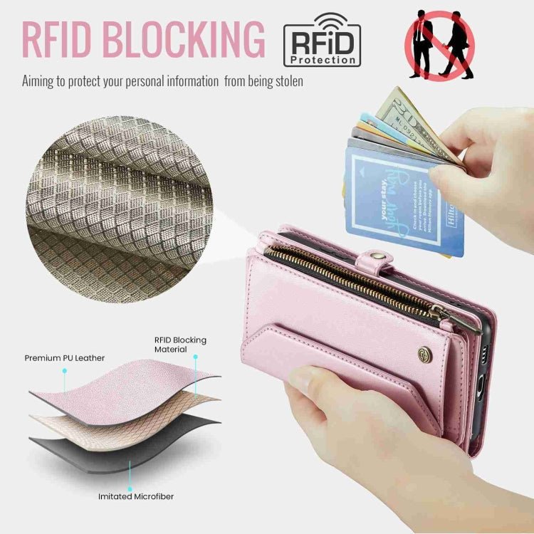 For Samsung Galaxy S22 5G CaseMe C36 Card Slots Zipper Wallet RFID Anti-theft Leather Phone Case(Pink) by CaseMe