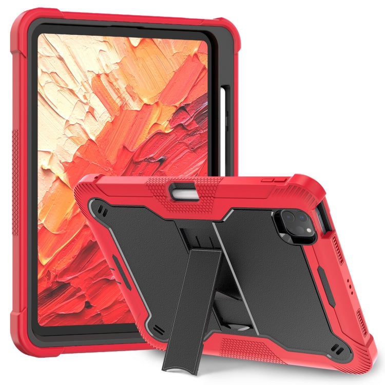 For iPad Pro 11 2025 / 2024 Shockproof Silicone Hybrid PC Tablet Case with Holder(Black + Red) by bashfashion