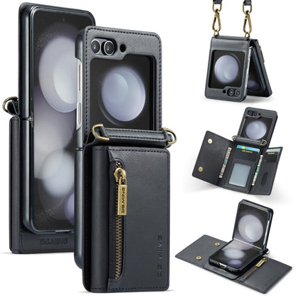 For Samsung Galaxy Z Flip5 5G DG.MING M5 Series Zip RFID Multi Card Detachable Leather Phone Case with Long Lanyard(Black) by DG.MING