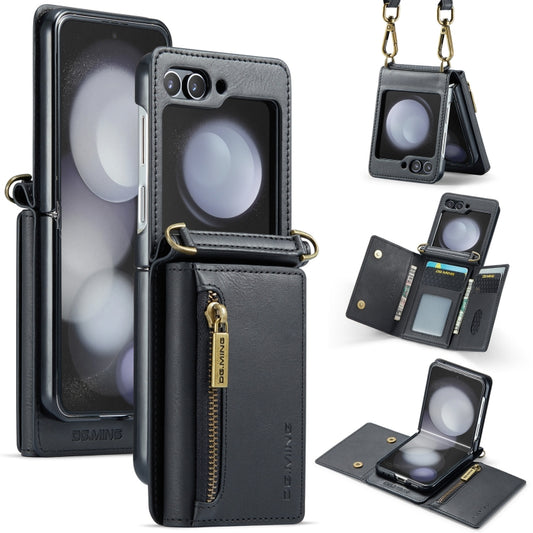 For Samsung Galaxy Z Flip5 5G DG.MING M5 Series Zip RFID Multi Card Detachable Leather Phone Case with Long Lanyard(Black) by DG.MING