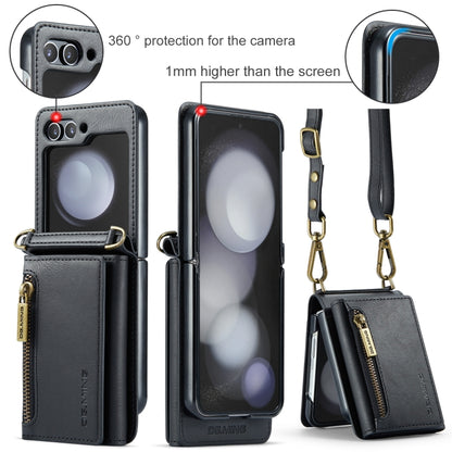 For Samsung Galaxy Z Flip5 5G DG.MING M5 Series Zip RFID Multi Card Detachable Leather Phone Case with Long Lanyard(Black) by DG.MING