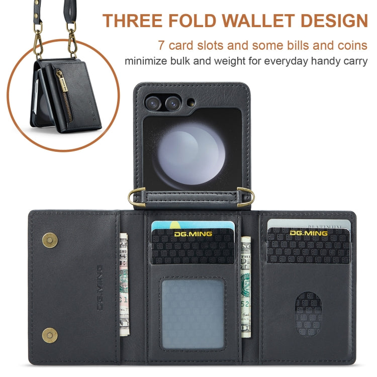 For Samsung Galaxy Z Flip5 5G DG.MING M5 Series Zip RFID Multi Card Detachable Leather Phone Case with Long Lanyard(Black) by DG.MING
