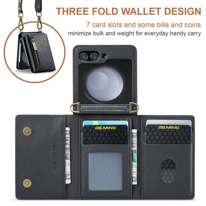 For Samsung Galaxy Z Flip5 5G DG.MING M5 Series Zip RFID Multi Card Detachable Leather Phone Case with Long Lanyard(Black) by DG.MING