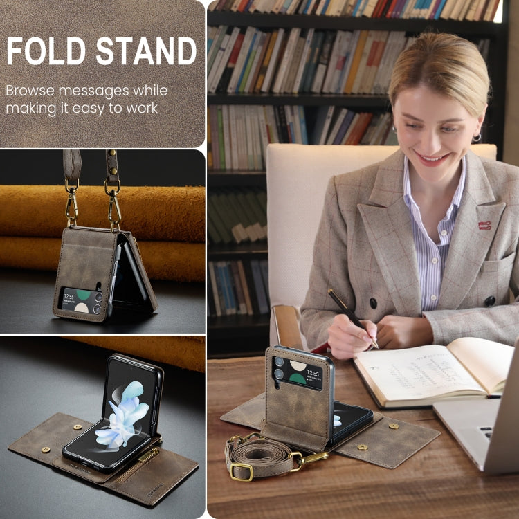For Samsung Galaxy Z Flip4 5G DG.MING M5 Series Zip RFID Multi Card Detachable Leather Phone Case with Long Lanyard(Coffee) by DG.MING