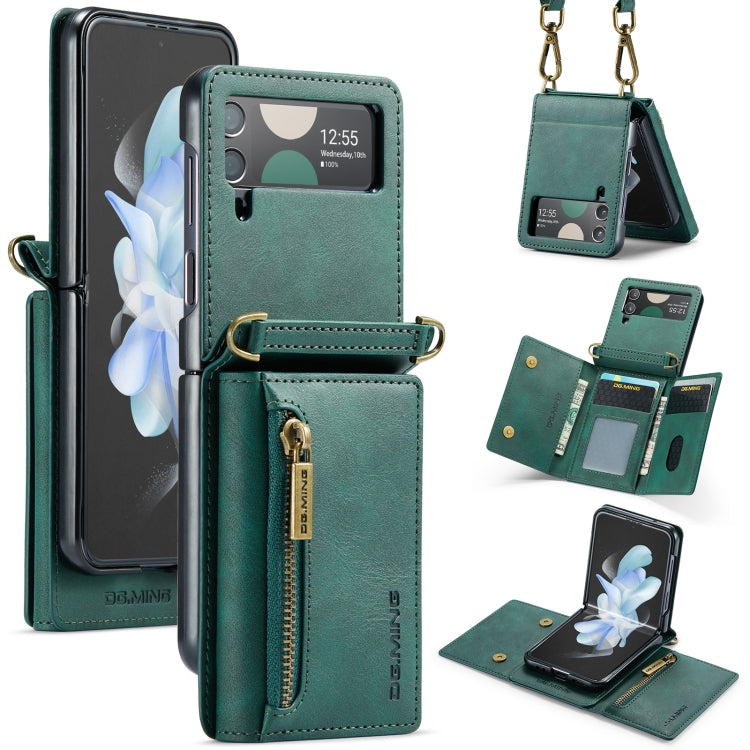 For Samsung Galaxy Z Flip3 5G DG.MING M5 Series Zip RFID Multi Card Detachable Leather Phone Case with Long Lanyard(Green) by DG.MING
