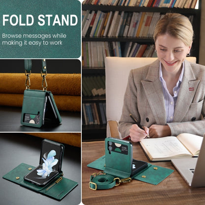 For Samsung Galaxy Z Flip3 5G DG.MING M5 Series Zip RFID Multi Card Detachable Leather Phone Case with Long Lanyard(Green) by DG.MING
