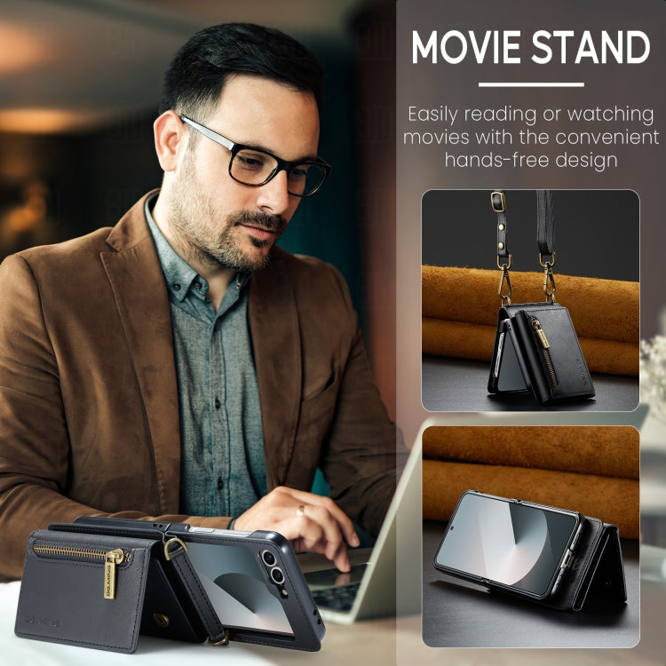 For Samsung Galaxy Z Flip6 DG.MING M5 Series Zip RFID Multi Card Detachable Leather Phone Case with Long Lanyard(Black) by DG.MING