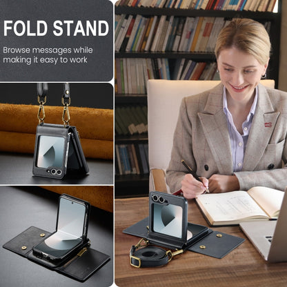 For Samsung Galaxy Z Flip6 DG.MING M5 Series Zip RFID Multi Card Detachable Leather Phone Case with Long Lanyard(Black) by DG.MING