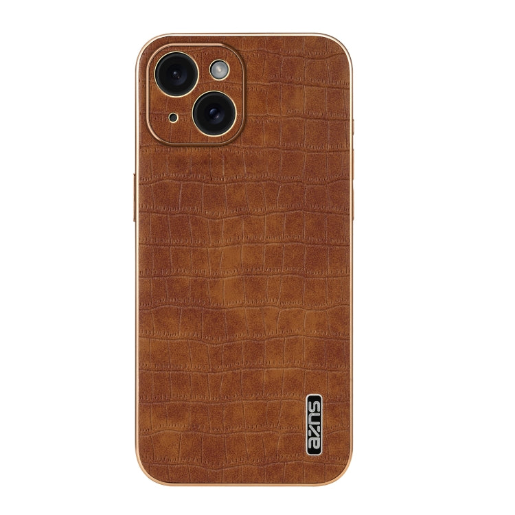 For iPhone 15 Plus AZNS Electroplated Frame Crocodile Texture Full Coverage Phone Case(Brown) by AZNS
