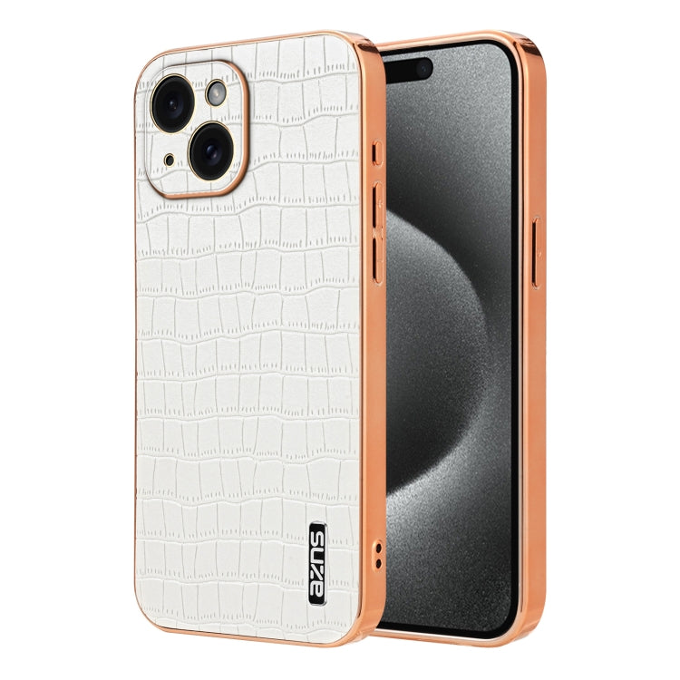 For iPhone 15 Plus AZNS Electroplated Frame Crocodile Texture Full Coverage Phone Case(White) by AZNS